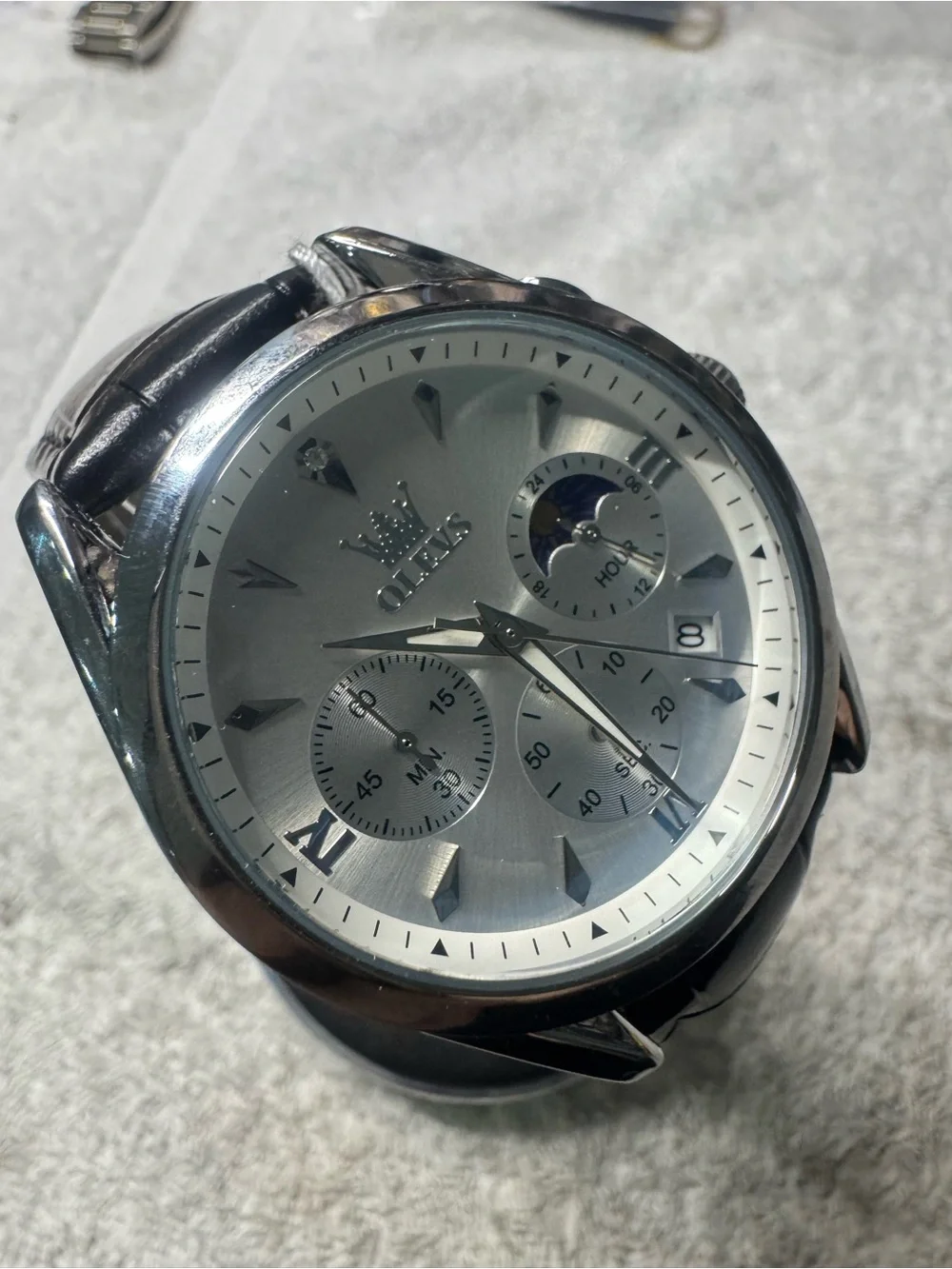 OLEVS Men’s Silver Dial Black Leather Strap Watch
